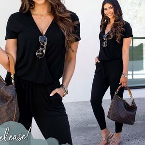 SZL Grace & Lace Black Crossover Jumpsuit V-Neck Pockets Tie waist Tapered Ankle